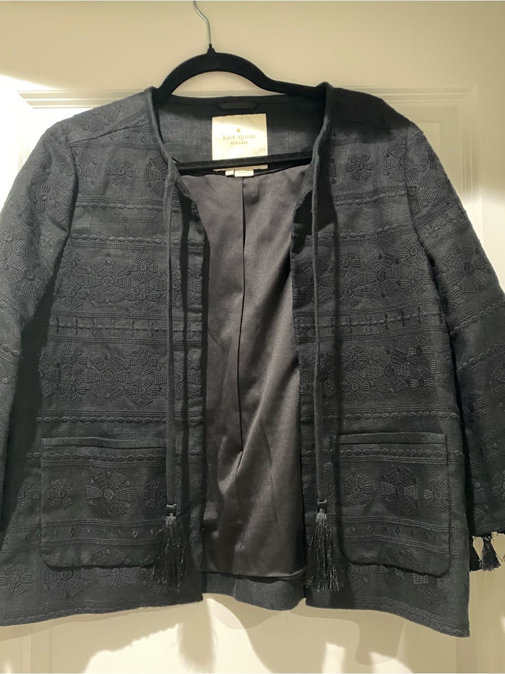 Kate Spade Black Embroidered Boho Tassel Jacket 3/4 Sleeve Size 8